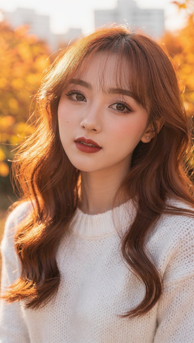 [FLUX.2 Max Prompt] ar 9:16 2K 一位年轻东亚女性的特写肖像，留着波浪状的红棕色长发，柔和的刘海修饰着脸庞，以温和、微侧的头部姿态直视镜头。她肤色白皙，妆容自然柔和...