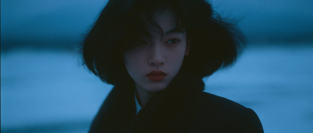 以电影《情书》的风格为基调，呈现岩井俊二的影像美学。一位身着深色冬季校服的中国女孩站在冰封的湖面上。整体采用清冷的青蓝色调，画面洁净极简，笼罩在阴天柔和的漫射光下，以35毫米胶片拍摄，带有轻微...