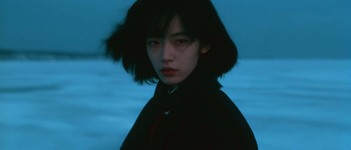以电影《情书》的风格为基调，呈现岩井俊二的影像美学。一位身着深色冬季校服的中国女孩站在冰封的湖面上。整体采用清冷的青蓝色调，画面洁净极简，笼罩在阴天柔和的漫射光下，以35毫米胶片拍摄，带有轻微...