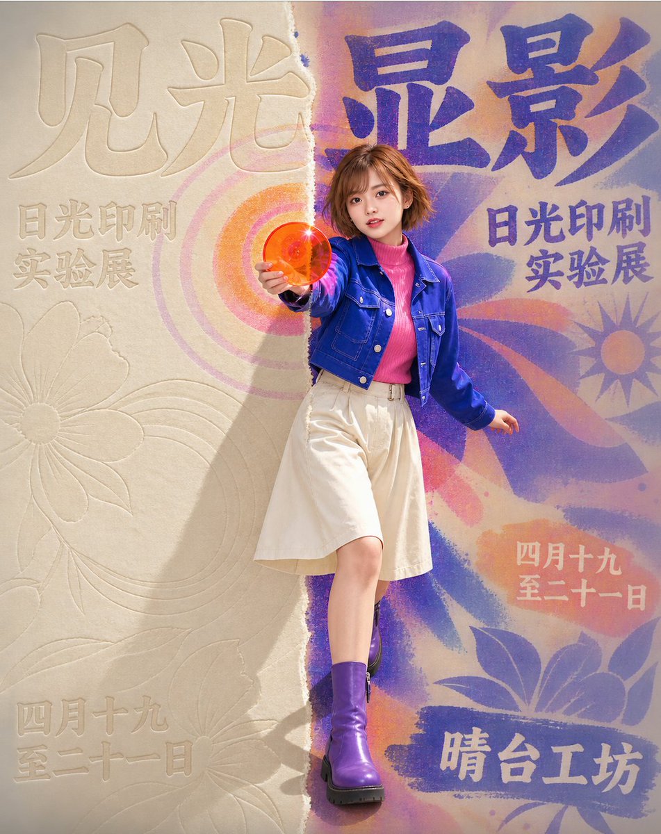 让同一张棉纸同时保留曝光前后两个时刻。垂直边界一侧是几乎无色的压痕，另一侧是被日光唤醒的高饱和光致变色油墨；人物跨线而立，身体两半接受不同的纸面...
