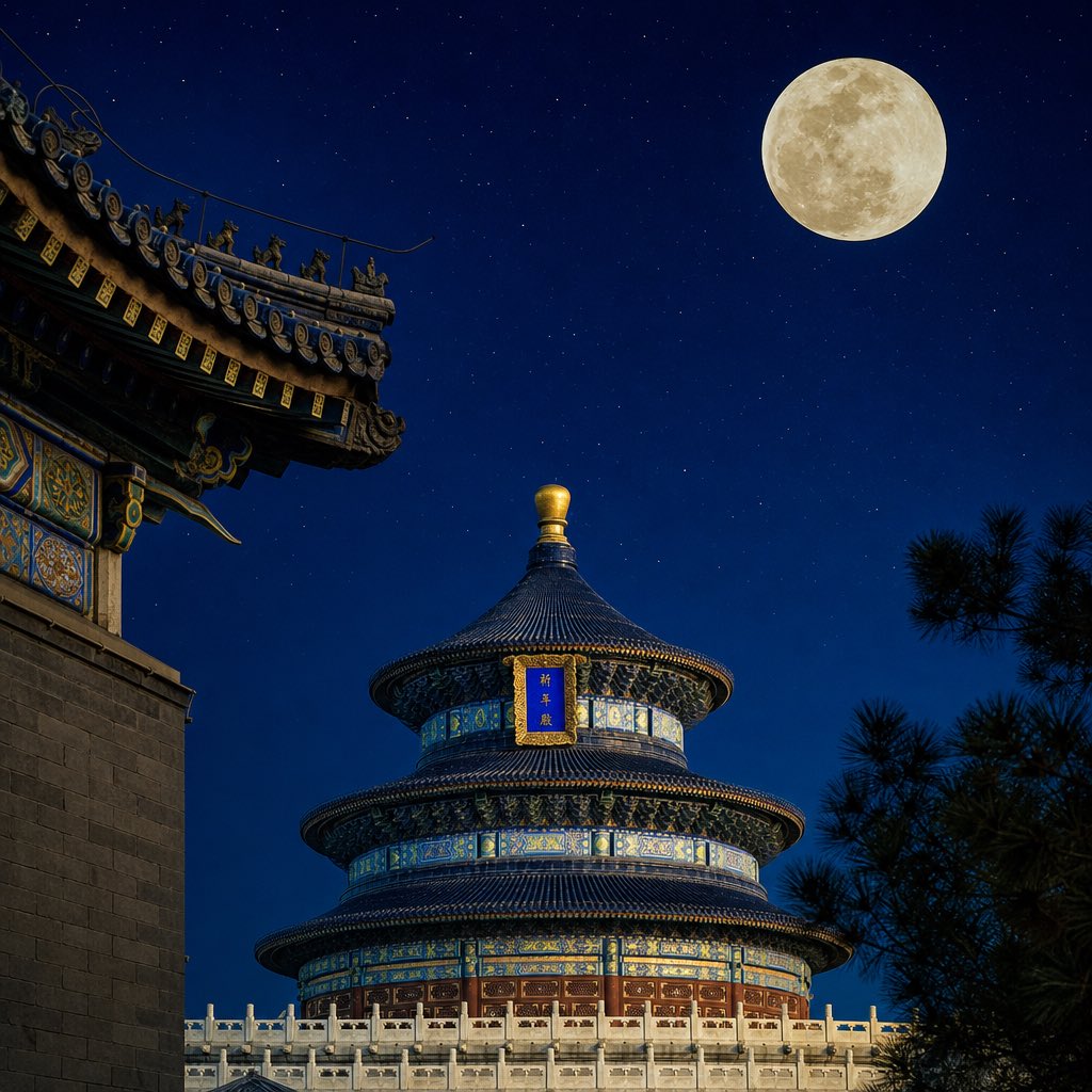 里约热内卢基督救世主雕像的远景长镜头，雕像在壮丽满月的映衬下形成完美的剪影。月亮是一颗耀眼的金色球体，正好位于雕像的正后方，营造出雕像人物将天体高高举起的壮观视觉幻象。紫灰色的朦胧天空，从白昼...