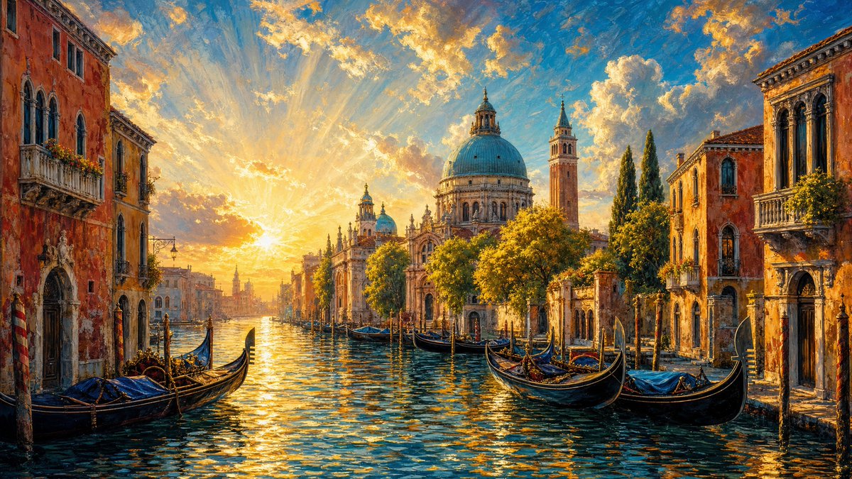 一幅生动的、绘画风格的旅游海报式城市景观，描绘了金色时刻的威尼斯运河，以浓郁饱和的蓝色、金色和温暖的赤陶色调渲染。主角场景聚焦于波光粼粼的阳光水...