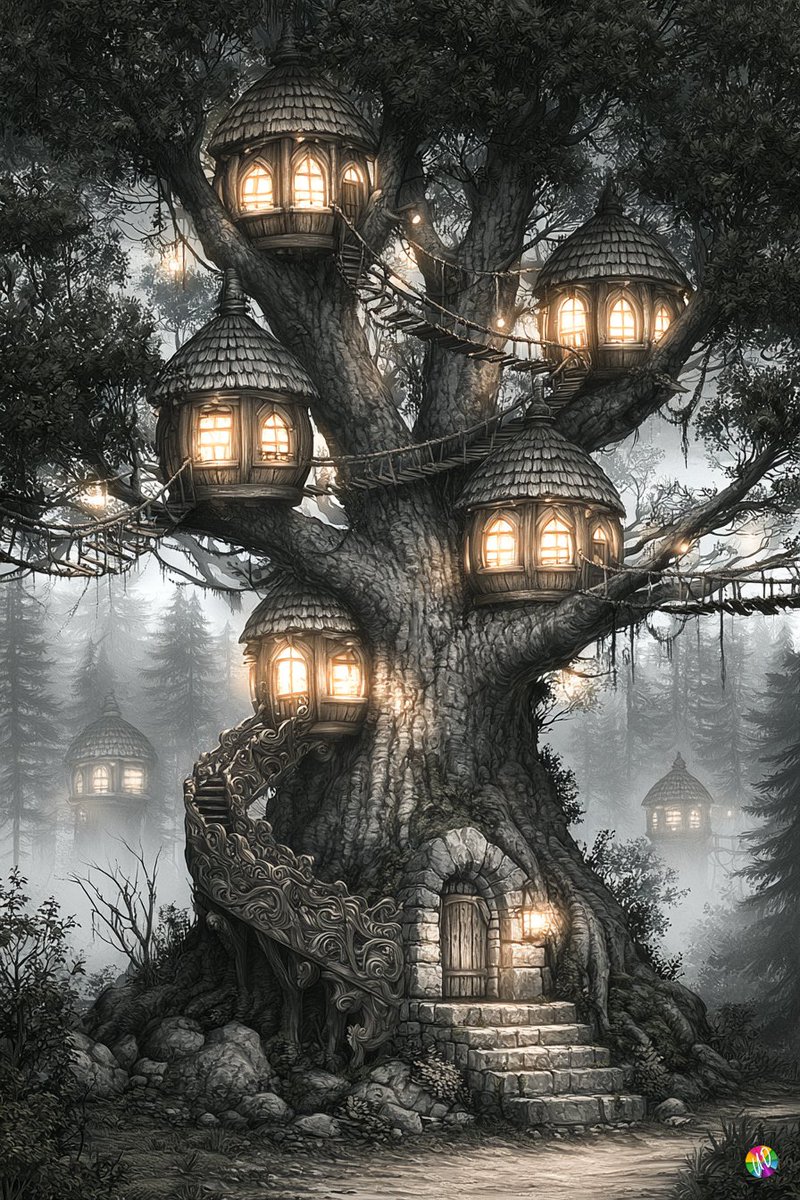 奇幻数字绘画，黄昏光影，暖金色窗户光芒映衬冷蓝灰色天空，画意细节，电影感氛围。一棵巨大的古老橡树作为多层级树屋村落，几间圆形木质荚状小屋错落分布...