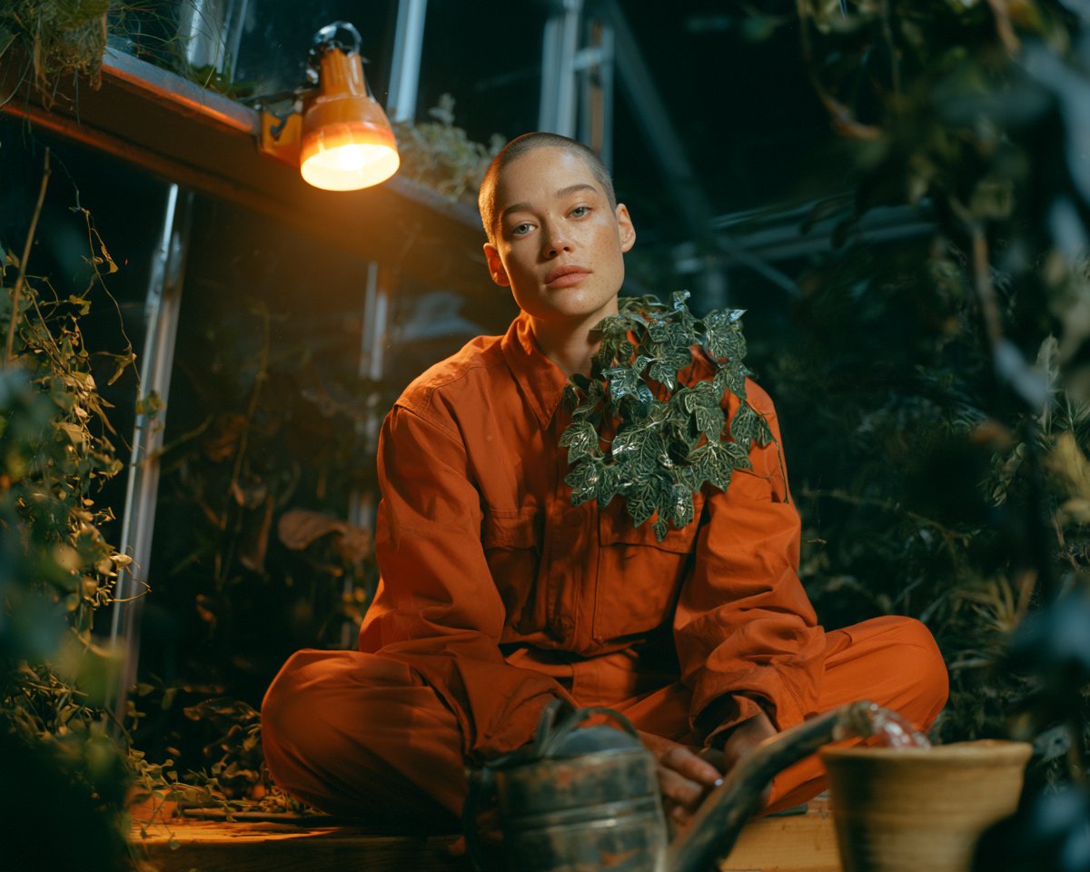 纪实风格抓拍的业余摄影作品,一位成年女性,留着短短的平头,灰色眼睛,嘴唇上方有一颗小痣,夜晚时分盘腿坐在温室里的一张木质盆栽工作台上,一丛本该是...