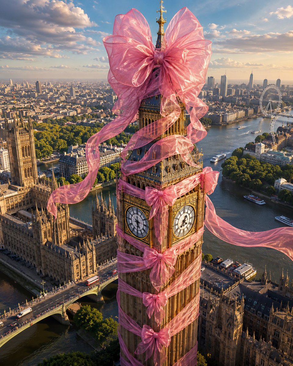{ "title": "Big Ben 时装大片：粉色欧根纱优雅缠绕", "prompt": "一幅超写实航拍杰作,以电影感直升机视角拍摄于伦敦...