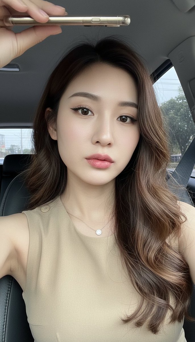 [Nano Banana Prompt] ar 9:16 一张年轻东亚女性的写实特写自拍照，她坐在汽车前排座椅上，从略高且倾斜的角度拍摄（手机举在头顶上方）。她有一头浓密的深棕色长波浪卷发，披...