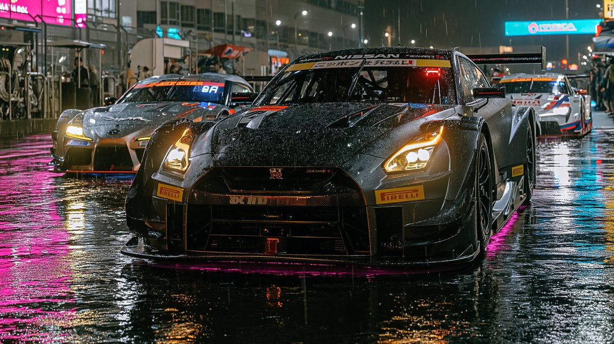 三辆日本Super GT赛车停放在夜晚灯火霓虹的潮湿赛道上，前方是哑光黑色宽体套件Nissan GT-R Super GT，带有洋红色底盘灯和碳...