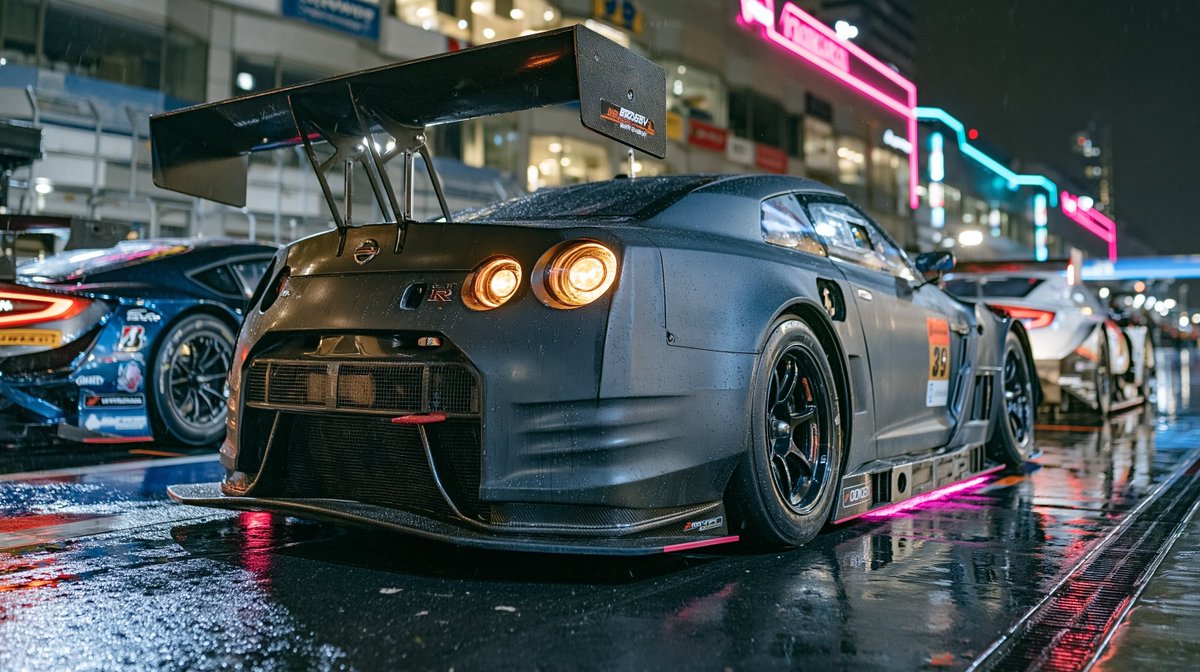 三辆日本Super GT赛车停放在夜晚灯火霓虹的潮湿赛道上，前方是哑光黑色宽体套件Nissan GT-R Super GT，带有洋红色底盘灯和碳纤维尾翼，后方是Toyota GR Supra...