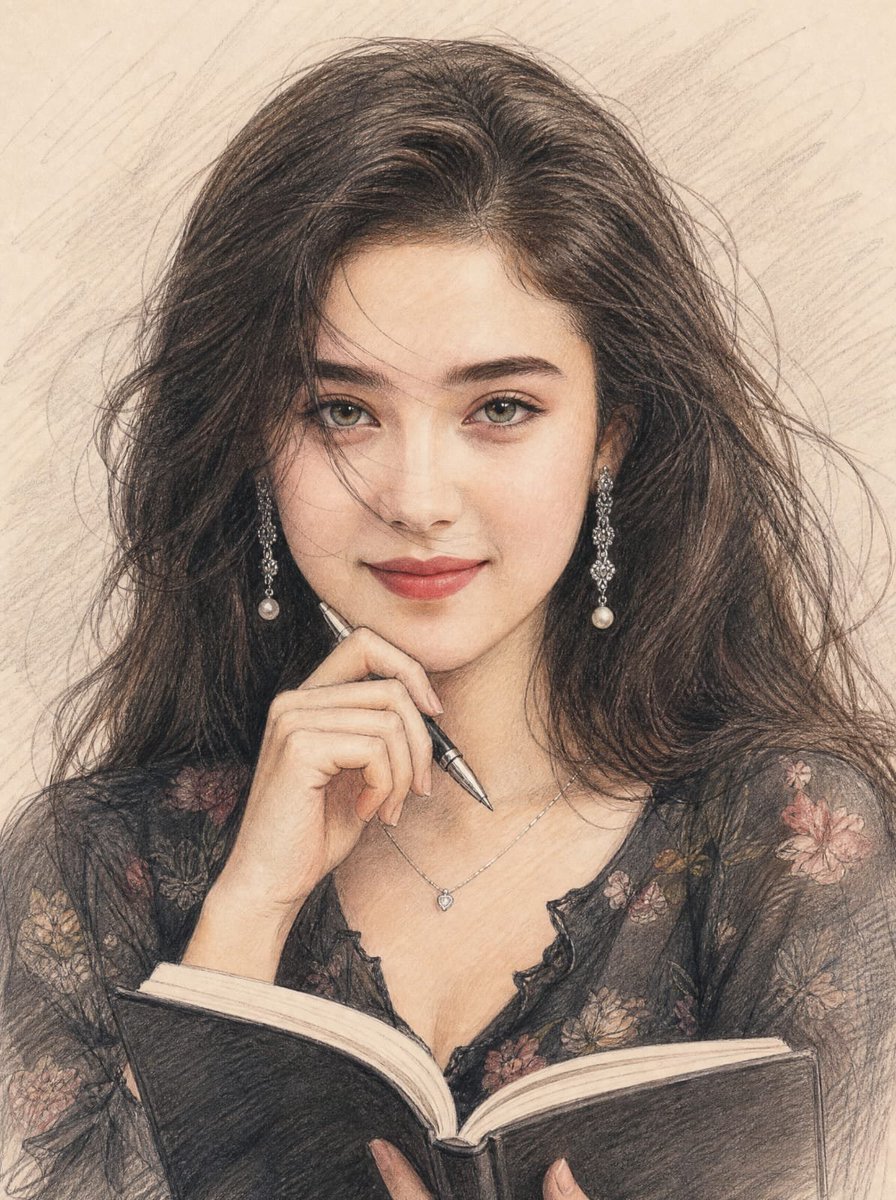 彩色铅笔素描风格，经典艺术绘画风格，细节高度精细渲染。 一位美丽的年轻女子面向镜头。面部特征应参考参考图1，而发型不应参考参考图1。 她穿着一件...