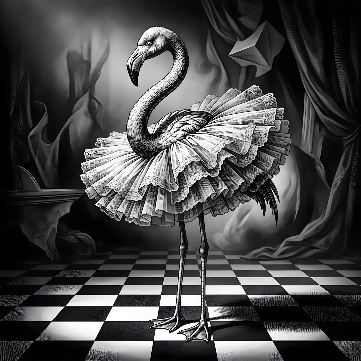 一幅高度细致、超现实主义的黑白插画，描绘了一只火烈鸟站立在方格地板上。火烈鸟的身体披着一条蓬松、褶皱的芭蕾舞裙，宛如层层精致的薄纱。芭蕾舞裙下方...