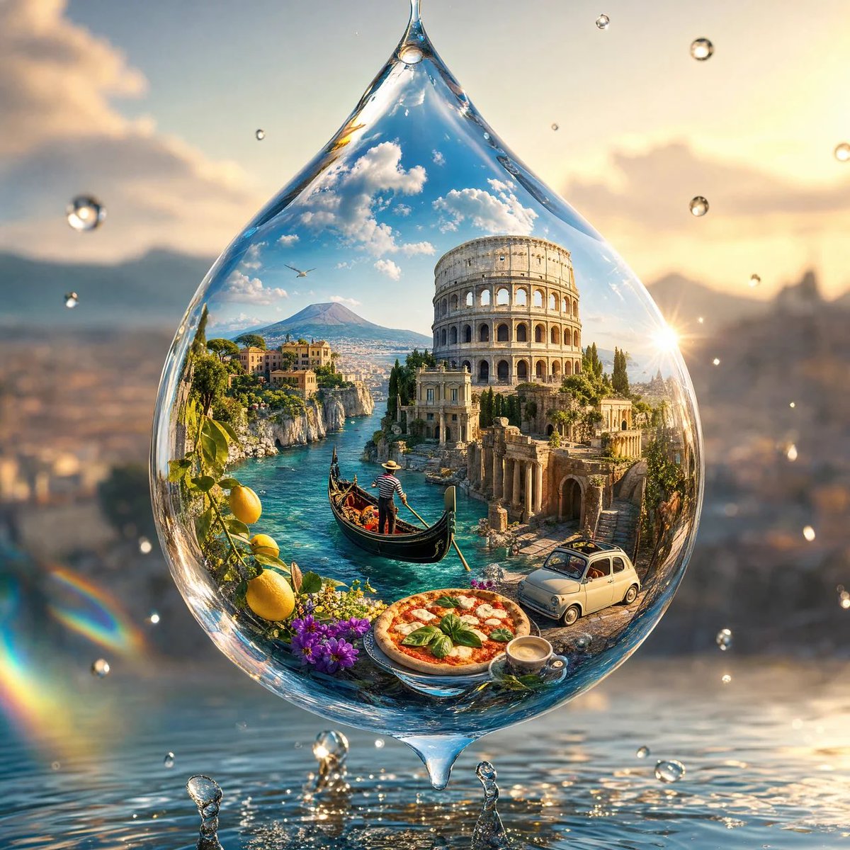 创作一幅令人惊叹的 4:5 竖版超写实艺术图像，画面中有一颗悬浮在空中的晶莹剔透的水滴，[COUNTRY] 的完整视觉形象被神奇地包含在这颗水滴之内。 水滴呈完美的球形，极度精细，透明如玻璃般...