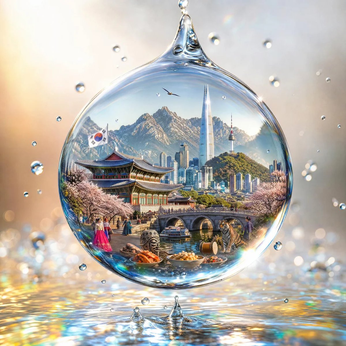 创作一幅令人惊叹的 4:5 竖版超写实艺术图像，画面中有一颗悬浮在空中的晶莹剔透的水滴，[COUNTRY] 的完整视觉形象被神奇地包含在这颗水滴之内。 水滴呈完美的球形，极度精细，透明如玻璃般...