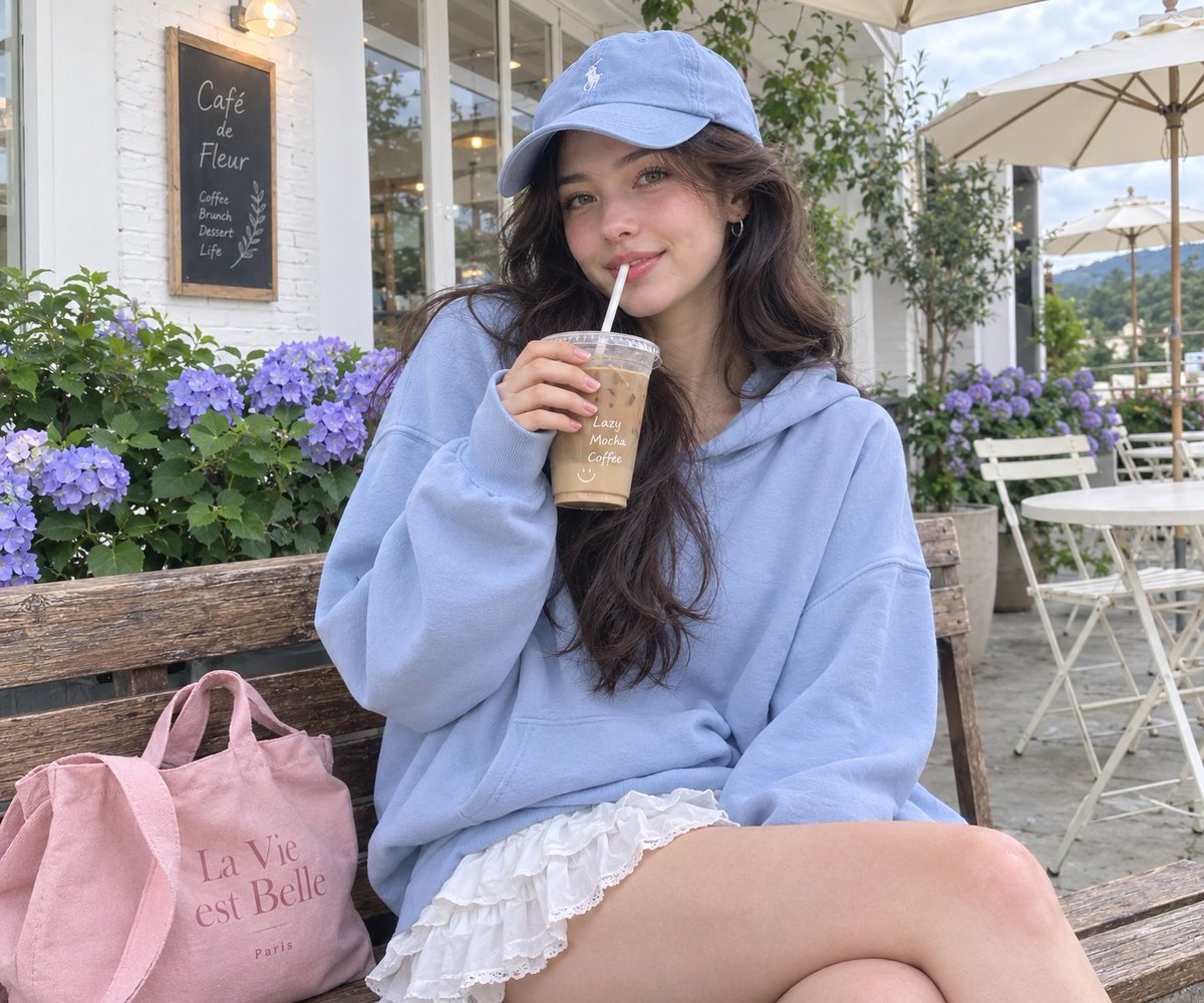 GPT Image 2 on ChatGPT 提示词； 一位明显已成年的年轻女性，拥有白皙的肌肤、浅绿榛色眼睛、淡雅自然的妆容、柔和放松的微笑，以及一头深棕色长发，她随意地坐在一家迷人的户外咖...