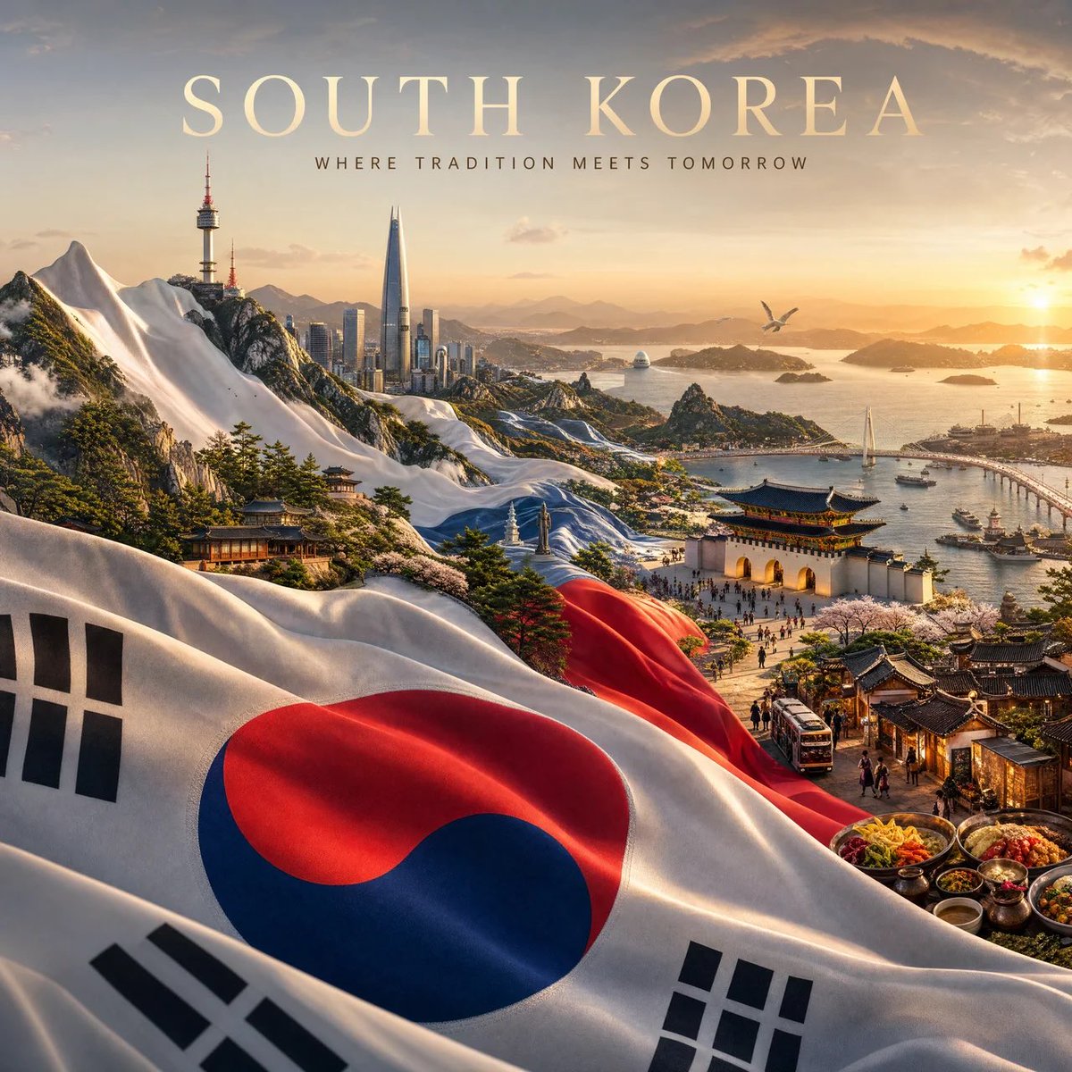 为[COUNTRY]（国家名称）创作一幅令人惊叹的高端4:5竖版电影质感旅游海报，基于以下构思： 一面巨大的[COUNTRY]国旗如奢华流动的丝绸般铺满整个画面。旗帜不仅仅是背景——它在物理层...