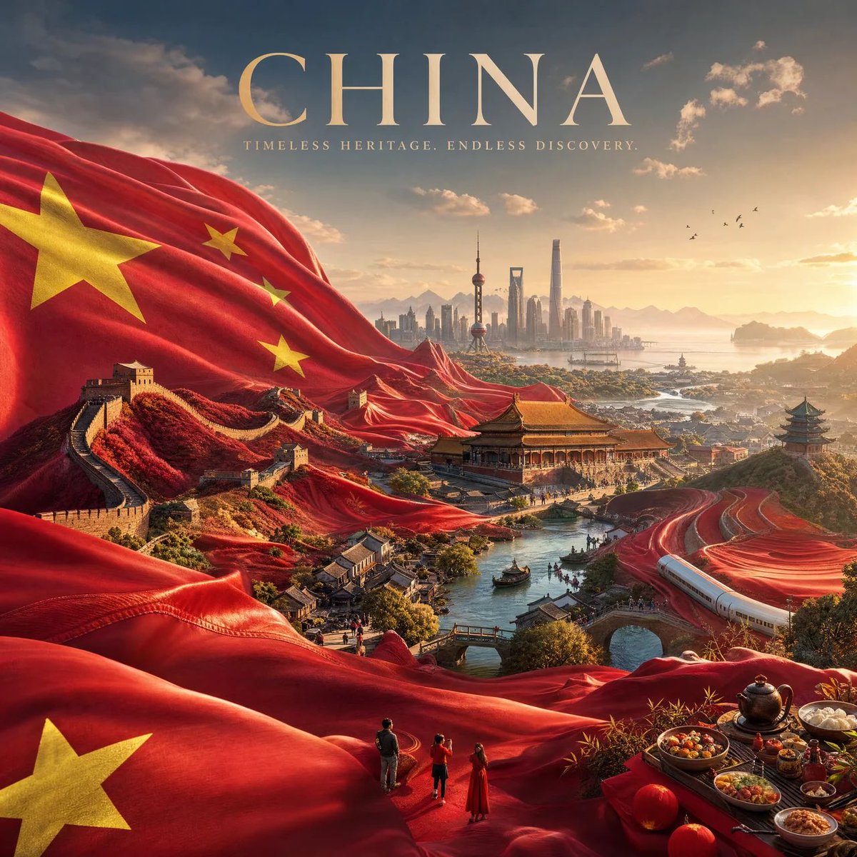 为[COUNTRY]（国家名称）创作一幅令人惊叹的高端4:5竖版电影质感旅游海报，基于以下构思： 一面巨大的[COUNTRY]国旗如奢华流动的丝绸般铺满整个画面。旗帜不仅仅是背景——它在物理层...