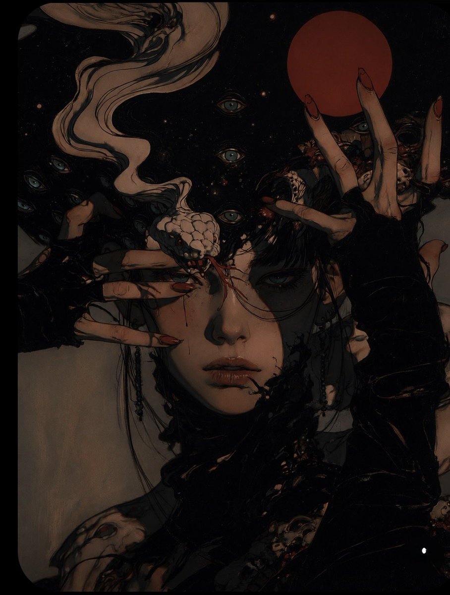 一幅高度精细的超现实哥特恐怖肖像画，描绘一位苍白的年轻女性，留着黑色短发，居于紧凑的竖幅构图正中。她的神情平静、忧郁、令人难忘且情感疏离，眼妆浓...