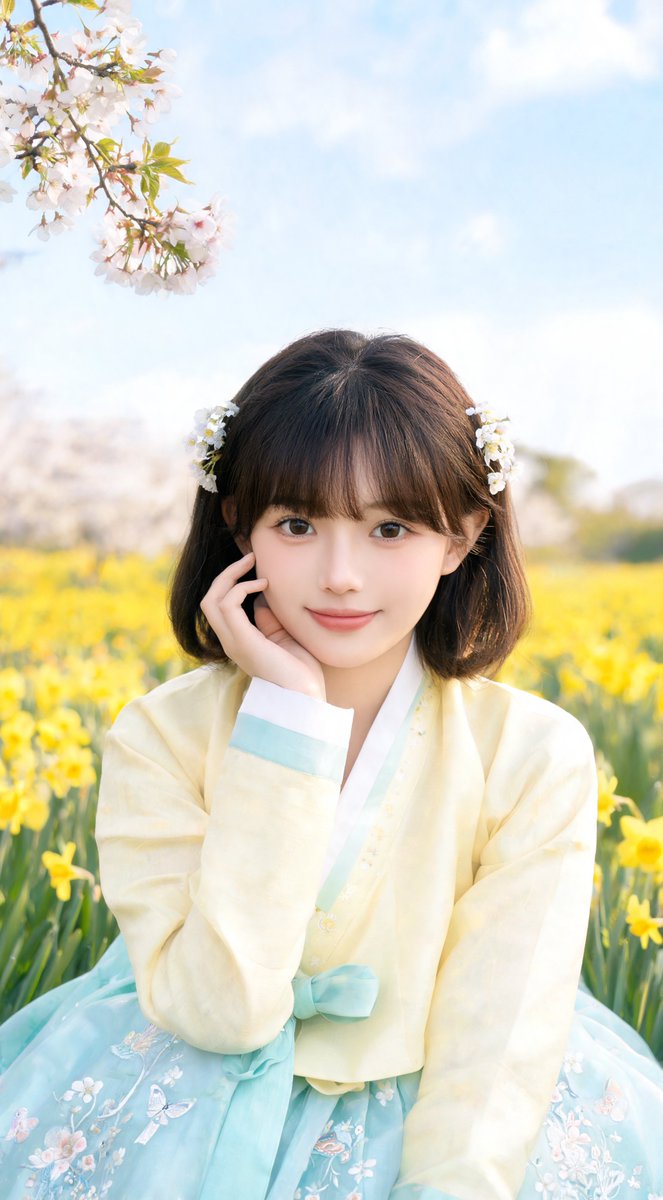 [Seedream 5.0 lite 提示词] ar 9:16 4K 一位美丽的东亚年轻女子，皮肤柔软白皙，有着一双大而有神的水汪汪的棕色眼睛，带着温柔的微笑，在春日阳光明媚的户外花田中摆姿。...