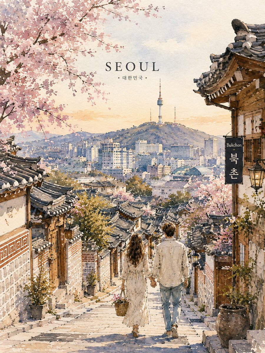 创作一幅高端竖版 4:5 水彩旅行海报，以浪漫、沉浸式的旅行场景描绘 [CITY]（[CITY]）和 [COUNTRY]（[COUNTRY]）。 展示一条迷人的小径、阶梯、街道、桥梁或观景平台...