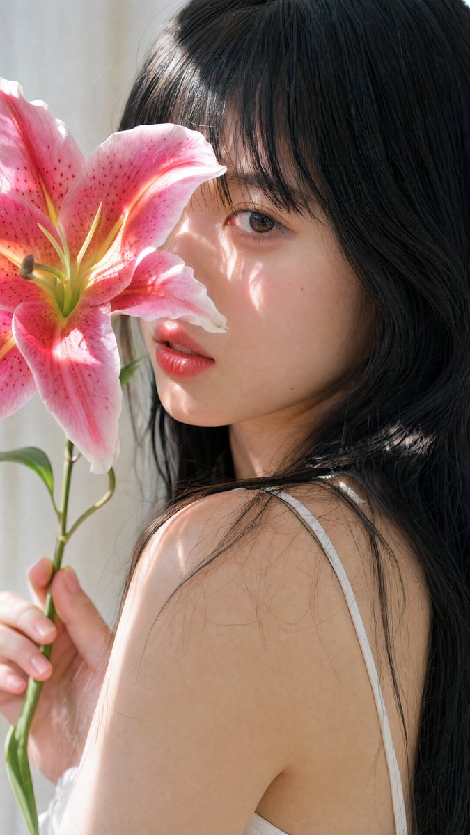 [GPT Image 2 Prompt] ar 9:16 4K High 一位年轻东亚女性的柔和、亲密的特写肖像，她留着黑色长直发，齐刘海修饰着...