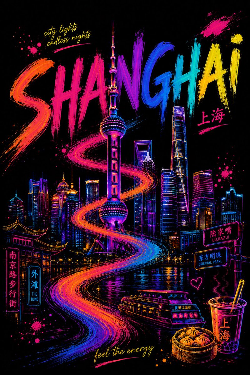 为 [CITY]（[COUNTRY]）创作一幅高端 4:5 竖版艺术旅行海报，主题概念为"霓虹丝带之城"。 采用深邃哑光黑色背景，营造戏剧性的留白空间。整幅画面以表现力的手绘霓虹笔触、墨点飞溅...