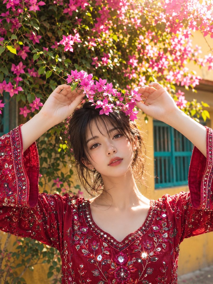 超写实、摄影级真实感的人像肖像：一位年轻的南亚女性，站立在户外一个美丽的传统庭院中，四周环绕着郁郁葱葱的三角梅藤蔓，藤蔓上开满了鲜艳的粉色花朵。她拥有柔和细腻的五官、富有表现力的浅棕色眼睛、自...