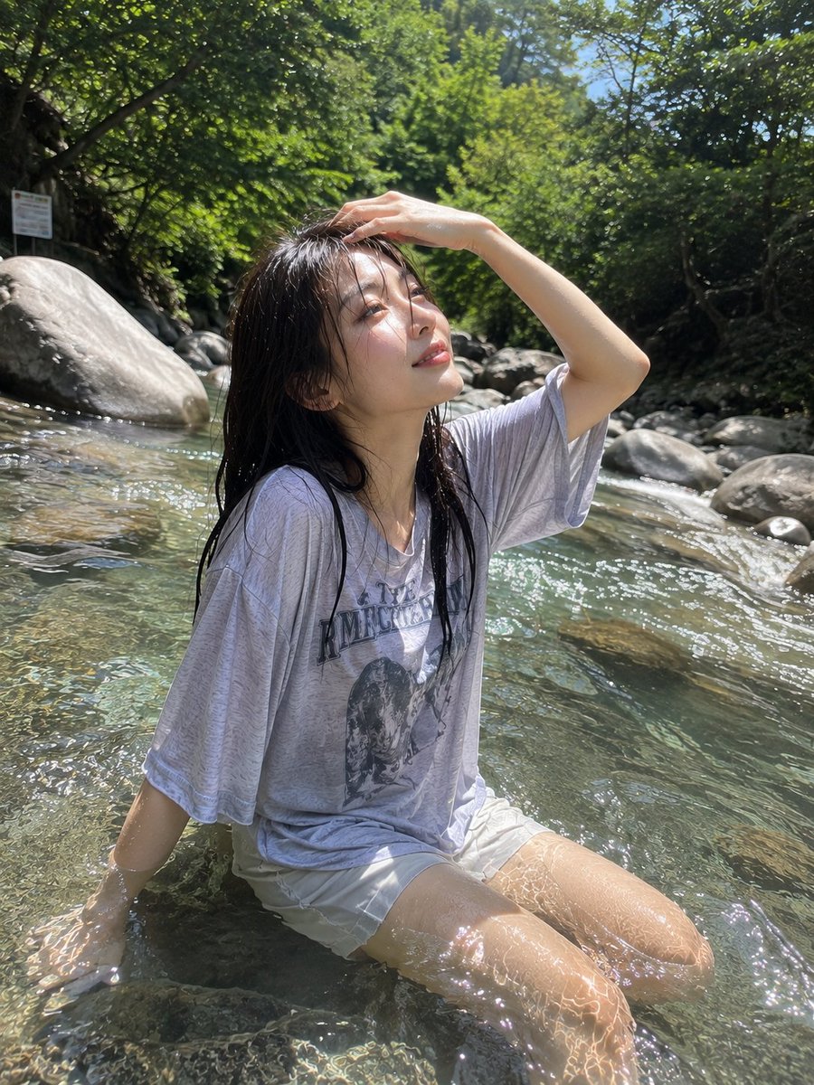 超写实、抓拍感的户外照片：晴朗的夏日，一位年轻成年东亚女性坐在清澈的浅山溪中。她留着笔直的深棕黑色头发，自然湿润的头发轻轻贴在脸上，柔软轻盈的刘...