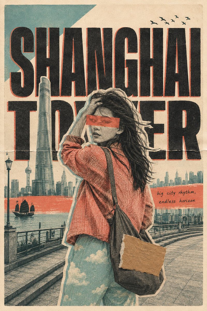格式。3:4 纵向旅行海报——手工 risograph 丝网印刷与剪纸拼贴，扫描自实体纸张。 印刷。暖米色纤维纸 (#F1E7D6)，可见纸纹肌...