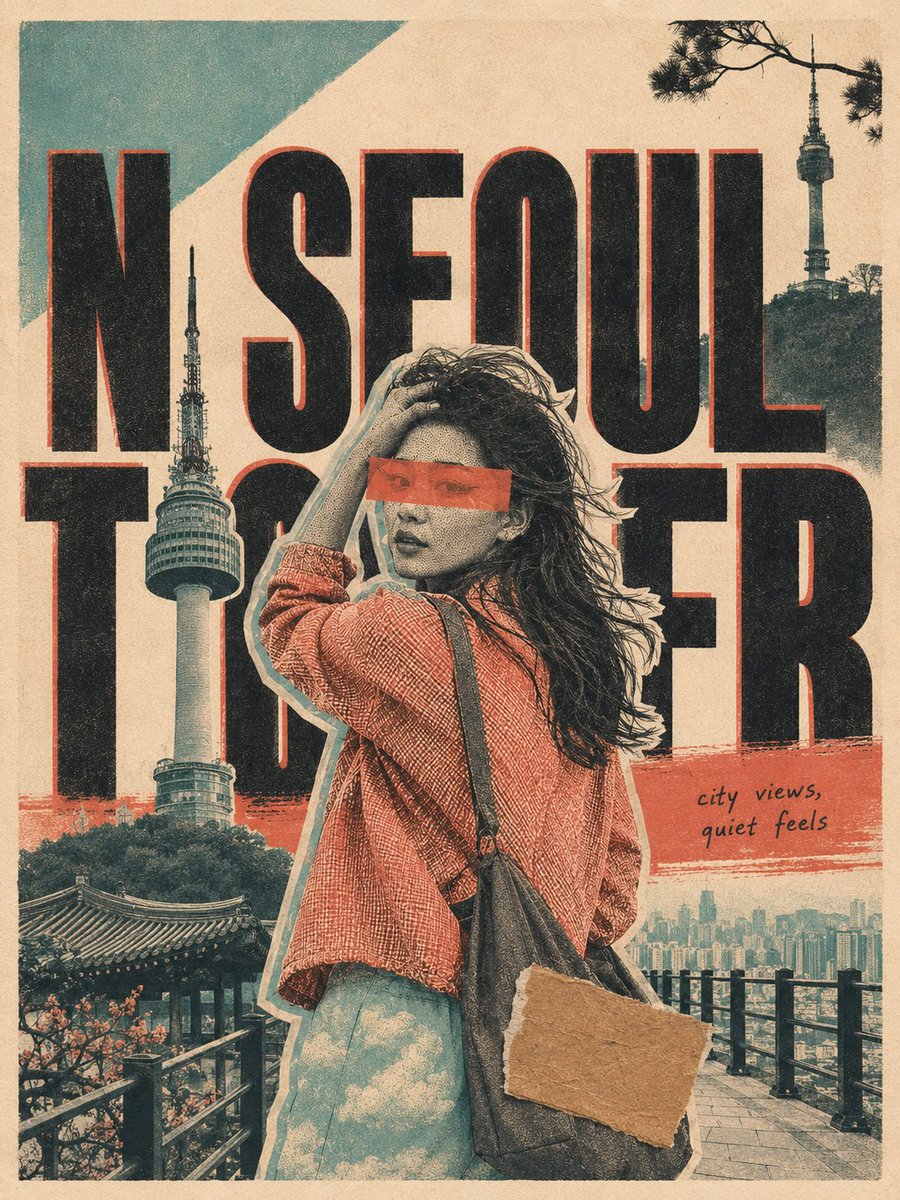 格式。3:4 纵向旅行海报——手工 risograph 丝网印刷与剪纸拼贴，扫描自实体纸张。 印刷。暖米色纤维纸 (#F1E7D6)，可见纸纹肌理与一道细微的折叠压痕。纸张为最浅色值；不使用白...