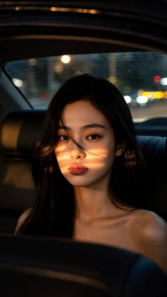 AI 图像增强提示词 一张电影感的、照片般逼真的近景特写肖像，描绘一位年轻的东亚女性夜晚坐在汽车后座。她拥有自然顺直、光泽乌黑的长发，几缕松散的...