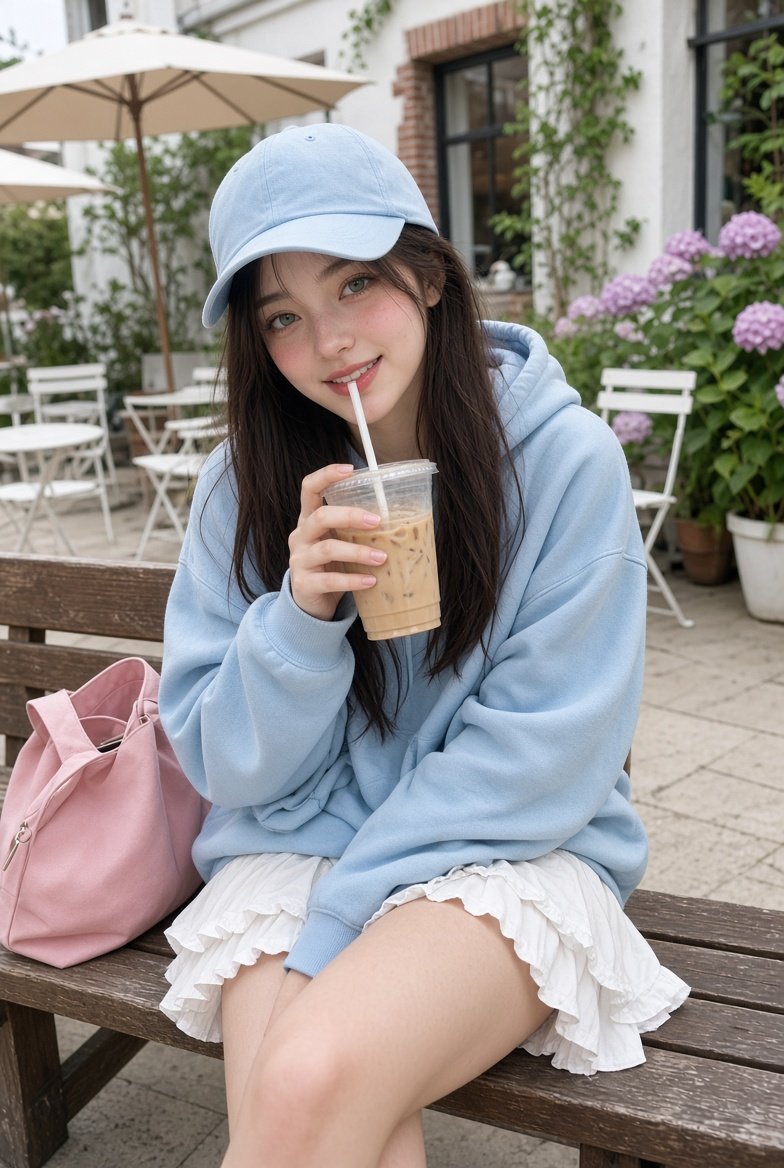 一位年轻女性，皮肤白皙，眼睛呈浅绿色与淡褐色相间的榛色，妆容柔和自然，笑容温暖温柔，长长的深棕色头发，坐在咖啡馆露台上一张温馨的木质户外长椅上。...