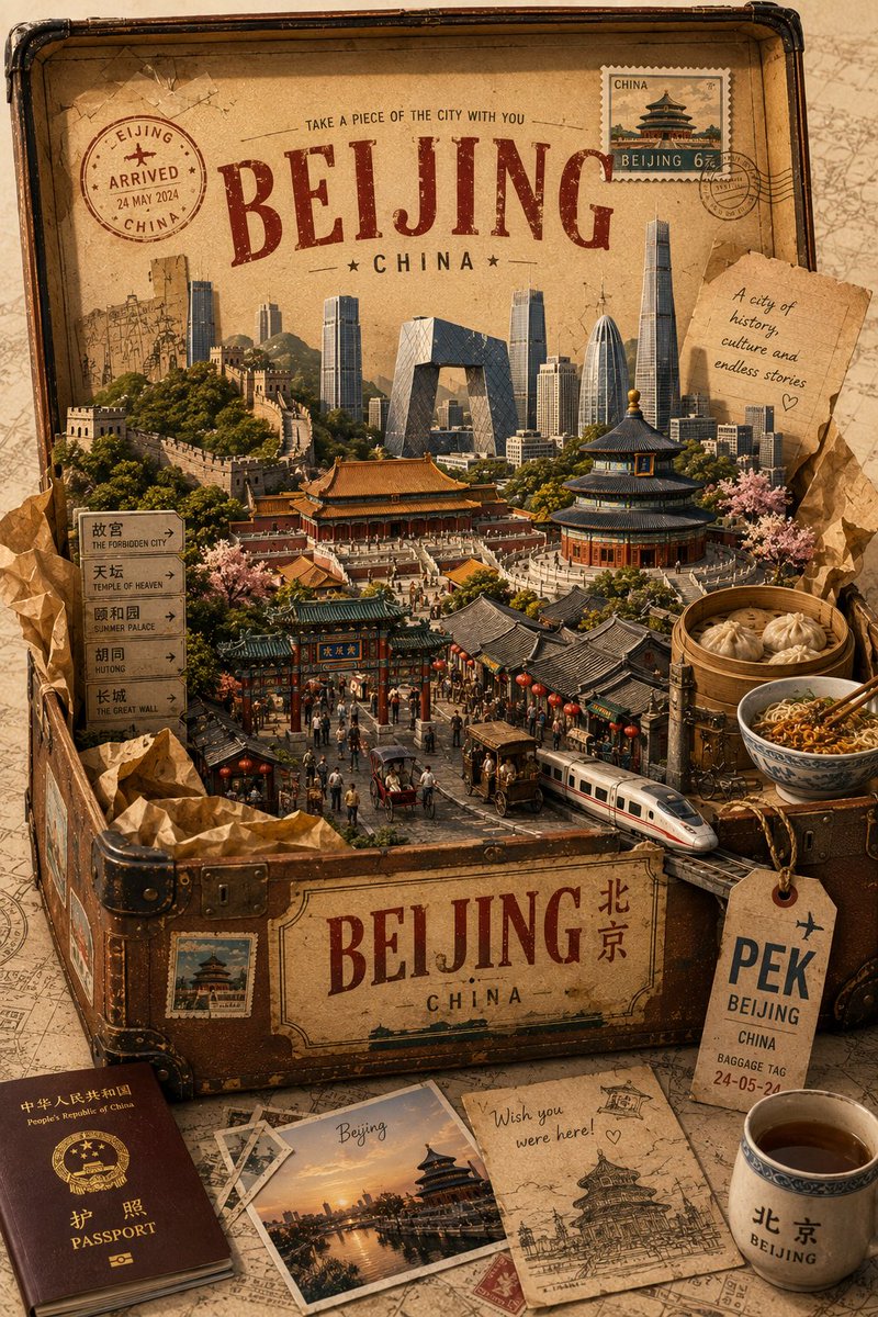 创建一个优质的4:5竖版艺术旅行海报，用于[CITY]，[COUNTRY]，基于“UNPACKING THE CITY.”概念。 展示一个设计精美的复古旅行箱或打开的纸板旅行盒，放置在构图的中...