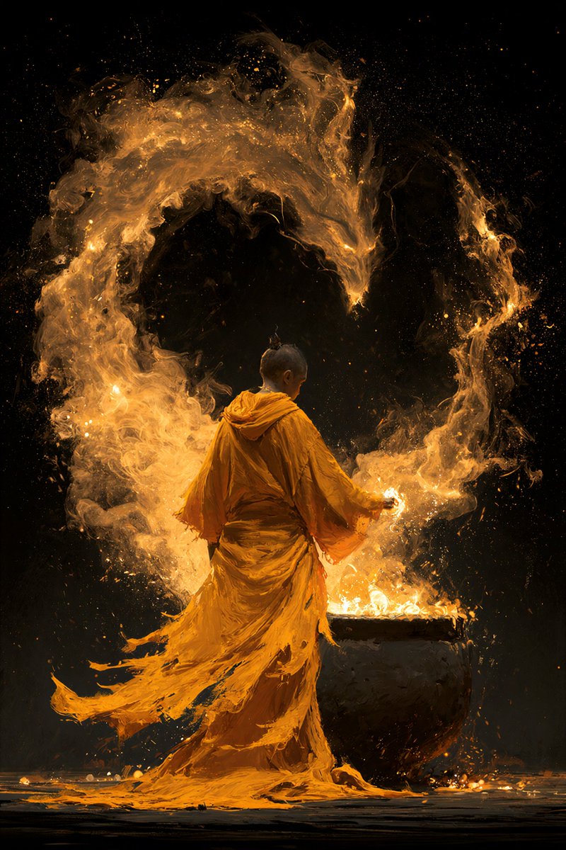 一个神秘的场景，一个人物身披飘逸鲜艳的黄色破旧长袍，站在一口大锅前，将发光的魔法材料投入锅中。从锅中升起一条壮丽的火焰巨龙，它由旋绕的发光烟雾和...