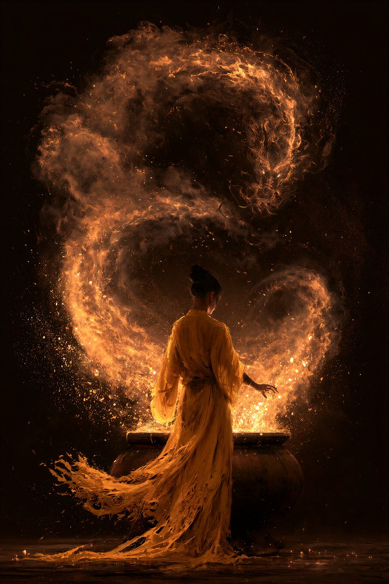 一个神秘的场景，一个人物身披飘逸鲜艳的黄色破旧长袍，站在一口大锅前，将发光的魔法材料投入锅中。从锅中升起一条壮丽的火焰巨龙，它由旋绕的发光烟雾和云雾构成，照亮了周围黑暗的空间。火焰巨龙呈环形盘...