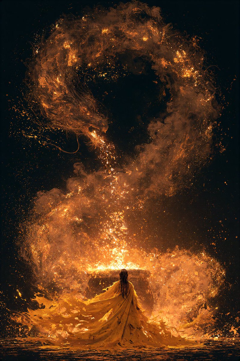 一个神秘的场景，一个人物身披飘逸鲜艳的黄色破旧长袍，站在一口大锅前，将发光的魔法材料投入锅中。从锅中升起一条壮丽的火焰巨龙，它由旋绕的发光烟雾和云雾构成，照亮了周围黑暗的空间。火焰巨龙呈环形盘...