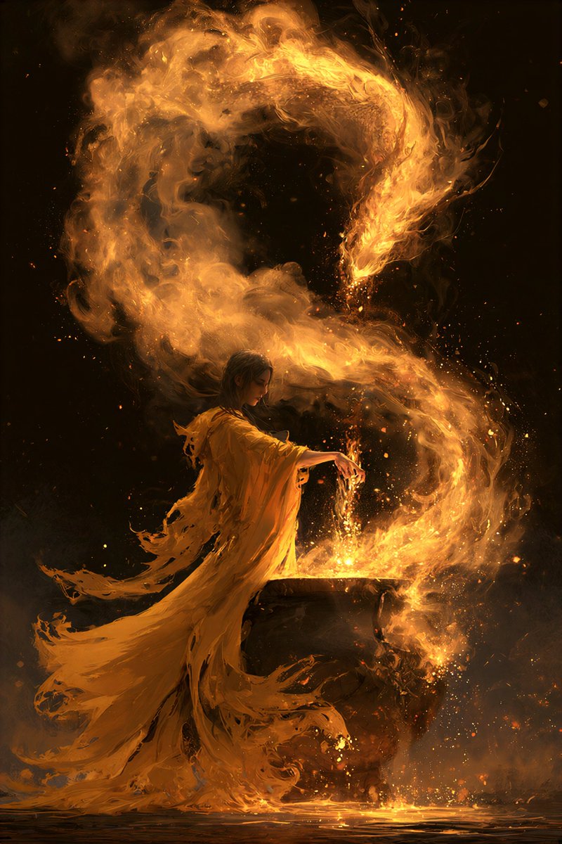 一个神秘的场景，一个人物身披飘逸鲜艳的黄色破旧长袍，站在一口大锅前，将发光的魔法材料投入锅中。从锅中升起一条壮丽的火焰巨龙，它由旋绕的发光烟雾和云雾构成，照亮了周围黑暗的空间。火焰巨龙呈环形盘...