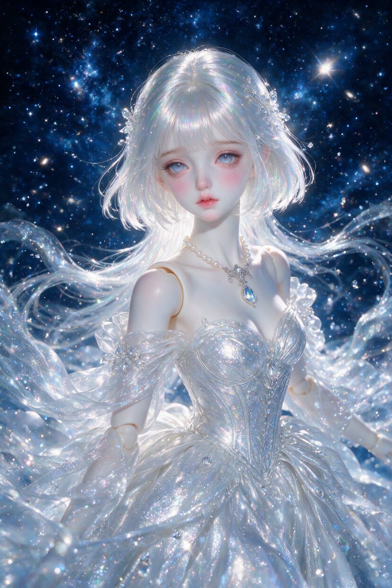 一位令人惊叹的天体球关节人偶公主漂浮在深邃的宇宙星空中，上半身肖像，精致的瓷质BJD人偶，极其美丽空灵的面容，苍白半透明的瓷质皮肤，肩膀和肘部有...