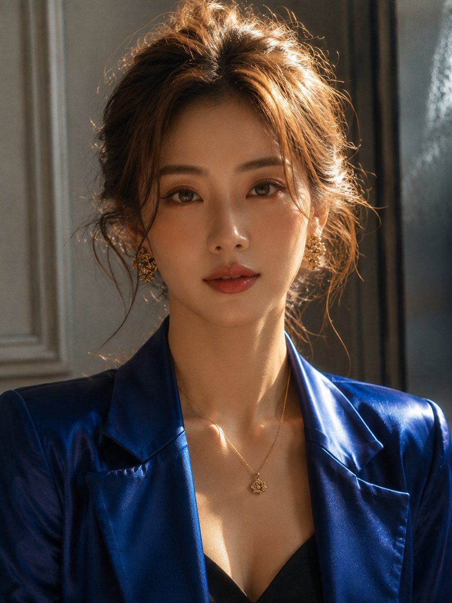 一张特写电影感人像照片，展现一位年轻女性优雅的侧脸轮廓，面朝右侧。她的浅棕色头发松松地扎成一个凌乱的发髻，几缕精致的碎发捕捉着光线。她的面部特征被从侧面倾泻而来的温暖自然阳光柔和地照亮，在她的...