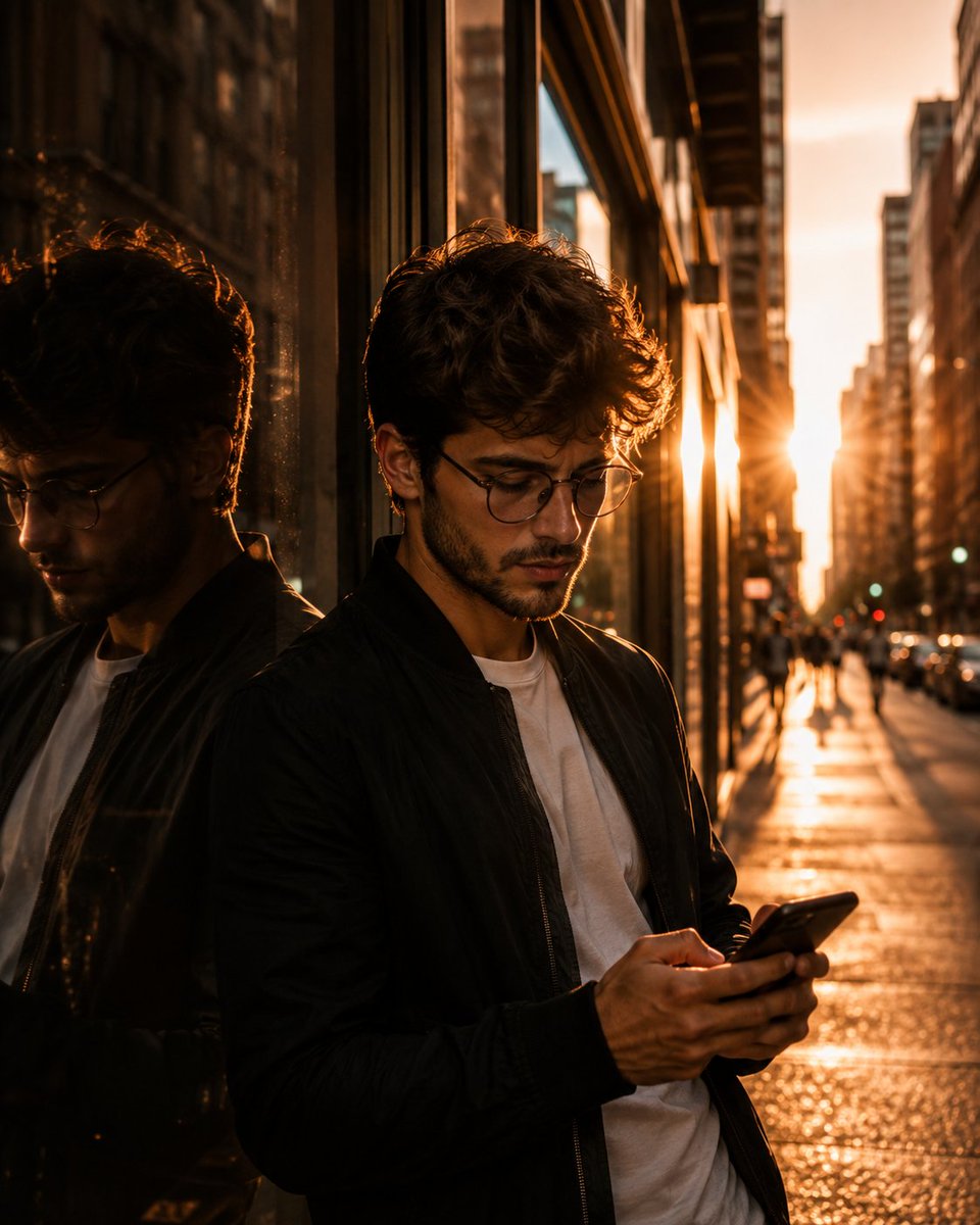 电影感黄金时分的真人写实风格人像照：一位年轻男子，自然凌乱的深色波浪卷发，身穿黑色轻便夹克搭配简约白色 T 恤，傍晚时分随意地站在城市街道上一扇...