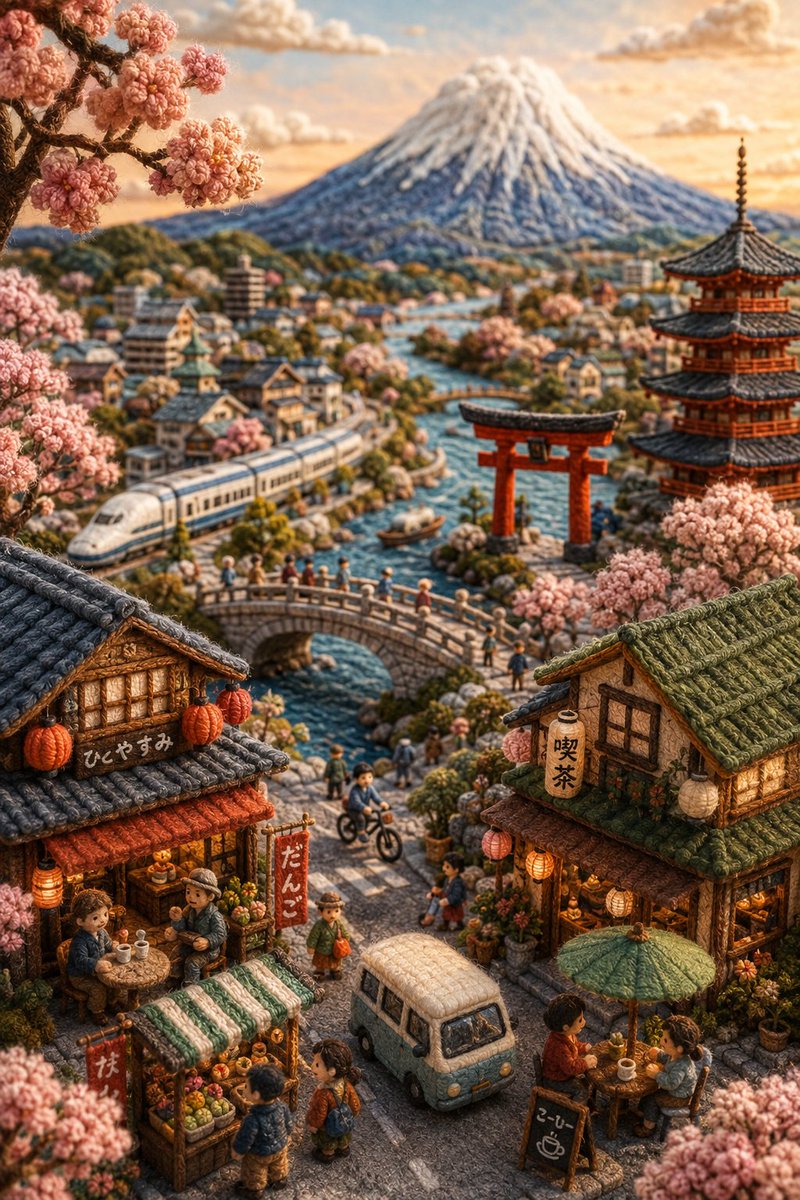 CHAT GPT IMAGE 2.0 日本 — 手工微缩立体场景提示词 一个内容丰富的日本垂直微缩世界，全部采用柔软的毛毡、蓬松的纱线、羊毛纤维...