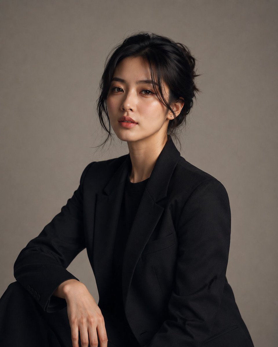 创建一幅高度写实的豪华工作室摄影，主体为一位明显成年的韩国女性，身着优雅、精致的服装，造型精致且裁剪完美。她看起来自然吸引人、自信、优雅且不费力...