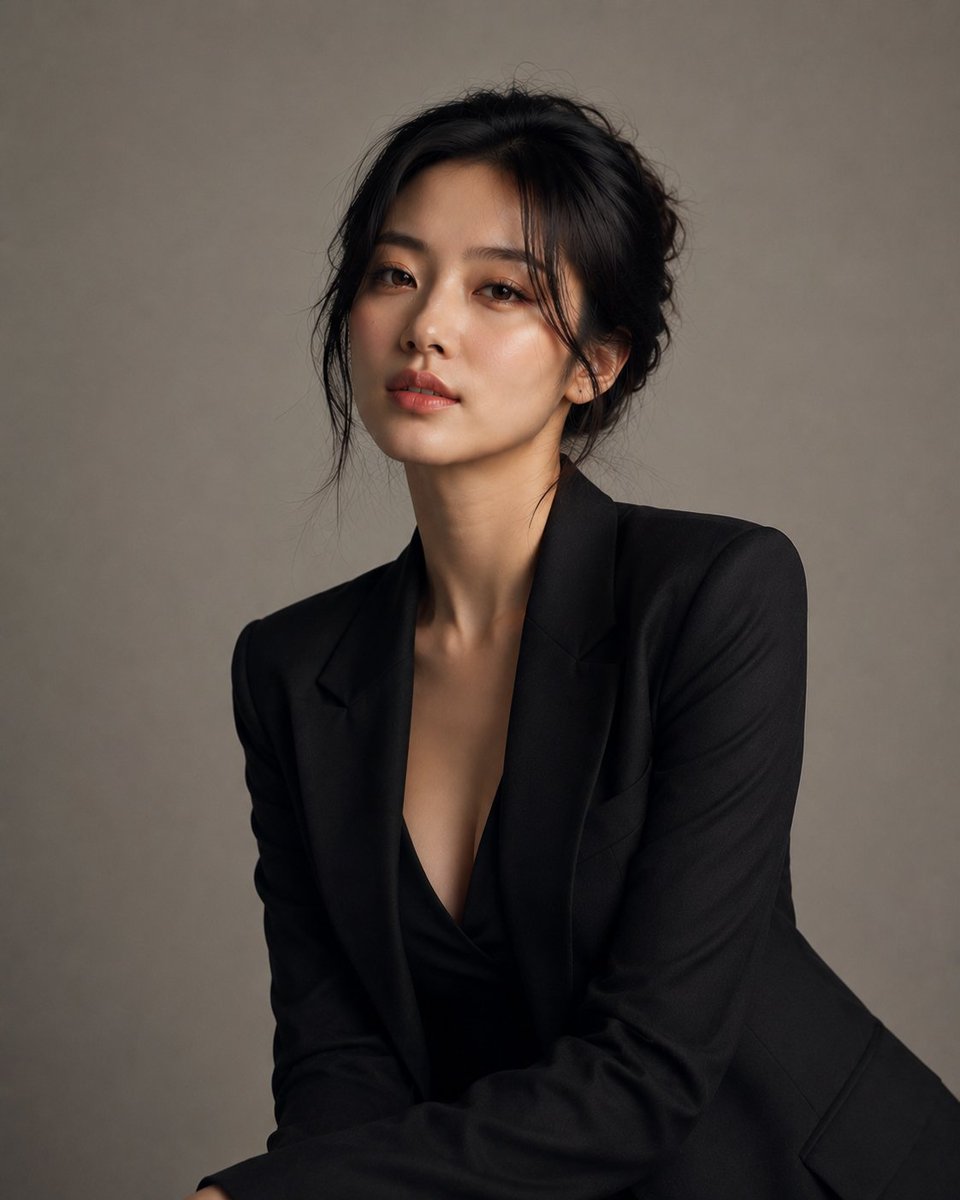 创建一幅高度写实的豪华工作室摄影，主体为一位明显成年的韩国女性，身着优雅、精致的服装，造型精致且裁剪完美。她看起来自然吸引人、自信、优雅且不费力地充满魅力。 使用极简专业工作室环境，清洁中性背...