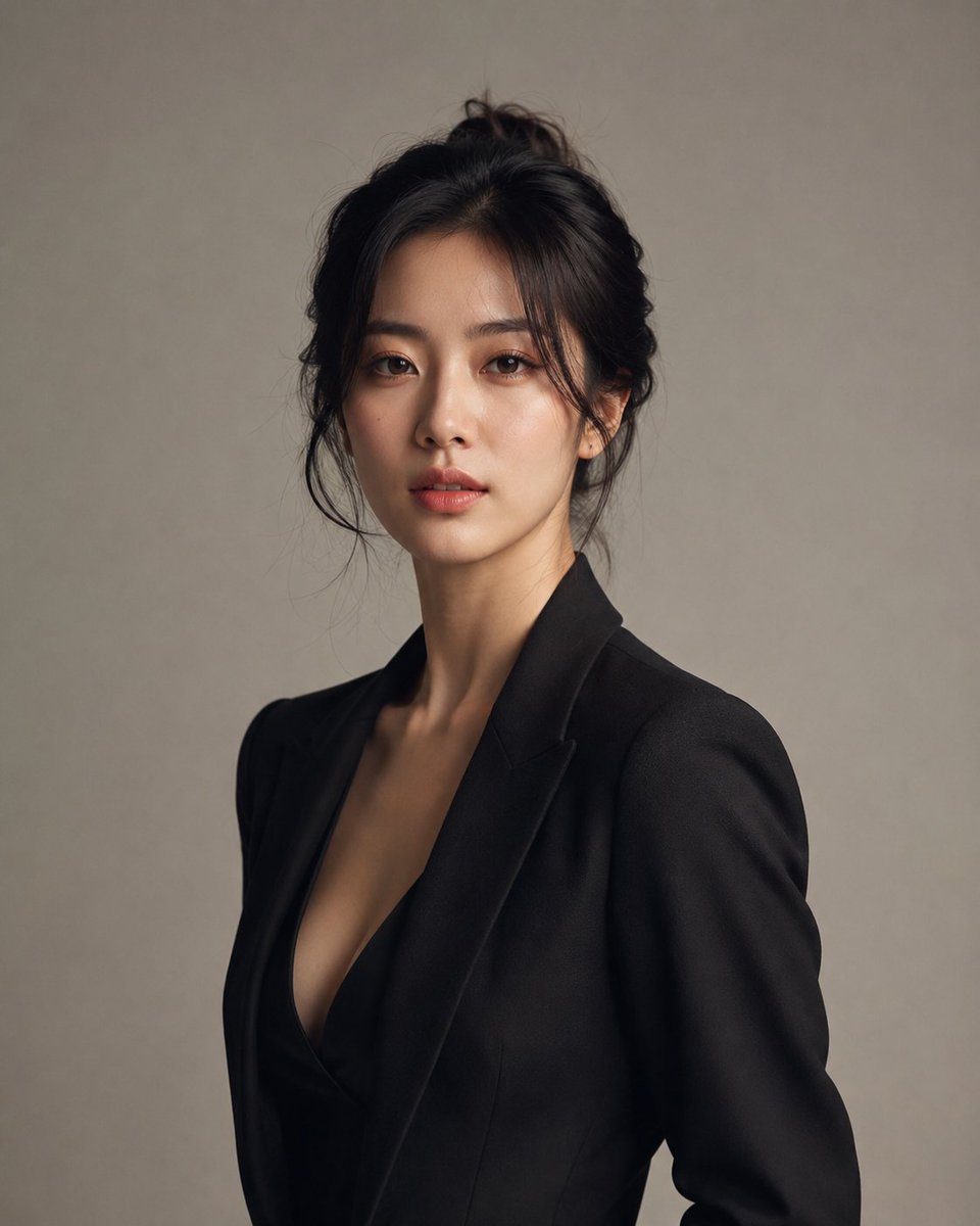 创建一幅高度写实的豪华工作室摄影，主体为一位明显成年的韩国女性，身着优雅、精致的服装，造型精致且裁剪完美。她看起来自然吸引人、自信、优雅且不费力地充满魅力。 使用极简专业工作室环境，清洁中性背...