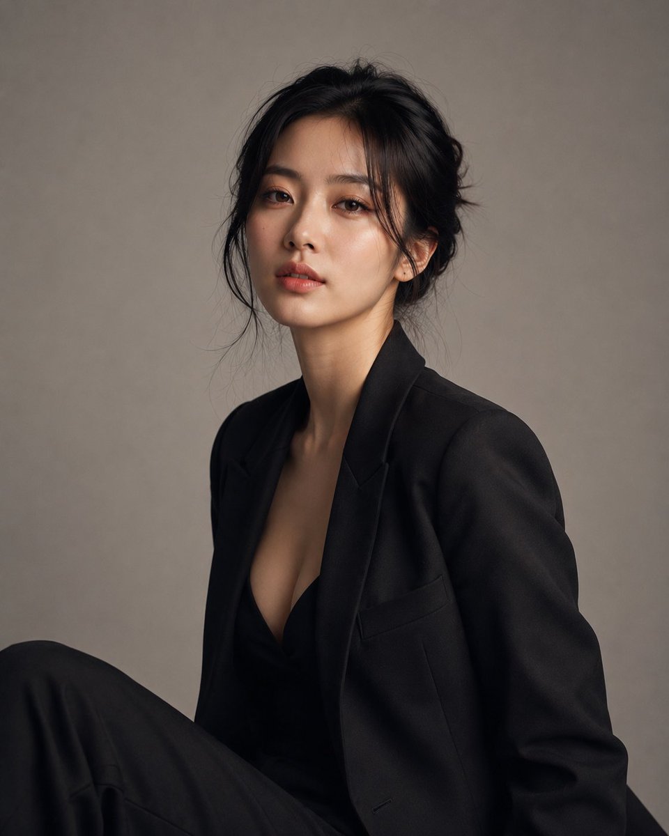 创建一幅高度写实的豪华工作室摄影，主体为一位明显成年的韩国女性，身着优雅、精致的服装，造型精致且裁剪完美。她看起来自然吸引人、自信、优雅且不费力地充满魅力。 使用极简专业工作室环境，清洁中性背...