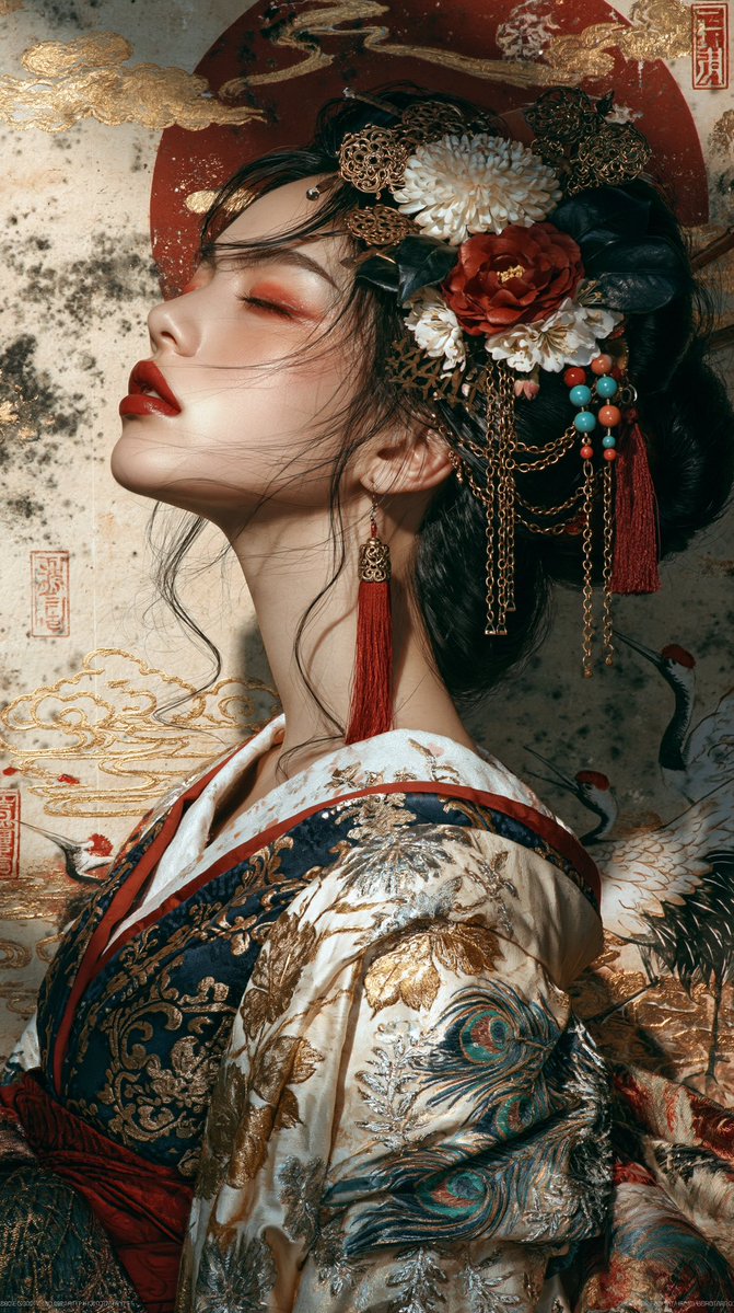 超精细肖像，美丽的日本女性，侧面朝右，头部后仰，双眼微闭，嘴唇微张，表情宁静安详。无瑕瓷器般肌肤，柔和红色眼影，深朱红唇彩，优雅纤长的脖颈。日本...
