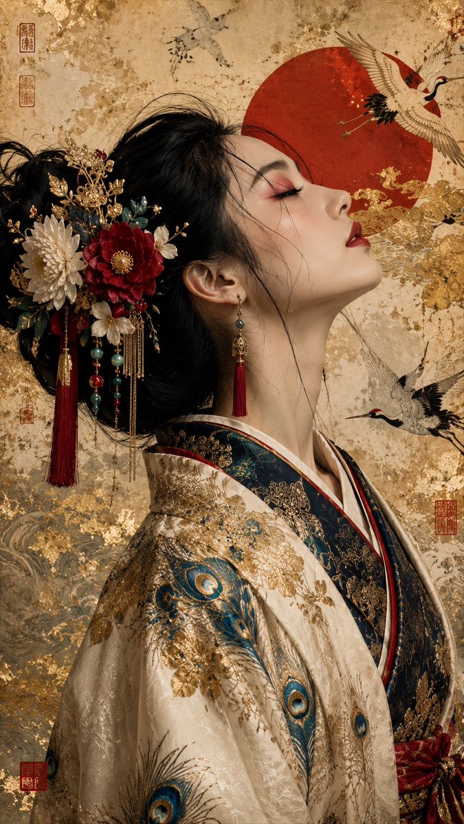 超精细肖像，美丽的日本女性，侧面朝右，头部后仰，双眼微闭，嘴唇微张，表情宁静安详。无瑕瓷器般肌肤，柔和红色眼影，深朱红唇彩，优雅纤长的脖颈。日本传统发型（Nihongami）盘髻，乌黑亮泽的发...