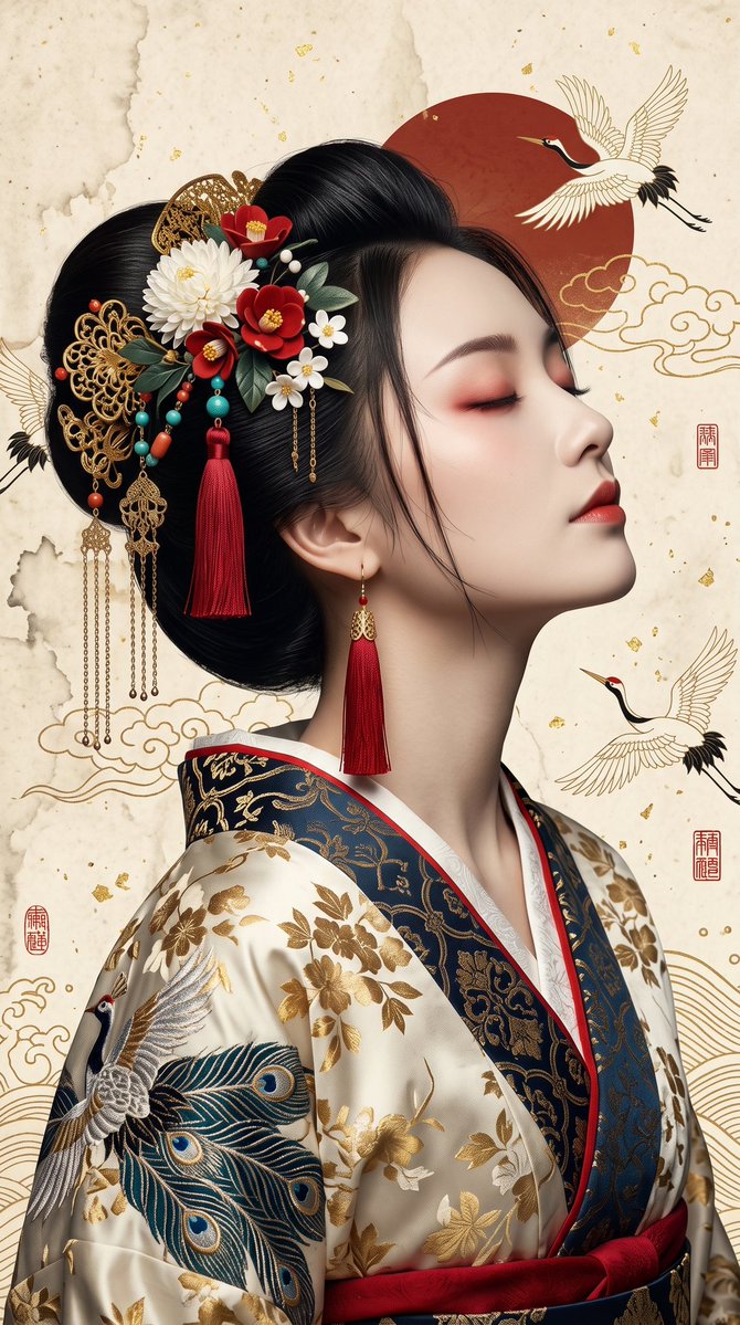超精细肖像，美丽的日本女性，侧面朝右，头部后仰，双眼微闭，嘴唇微张，表情宁静安详。无瑕瓷器般肌肤，柔和红色眼影，深朱红唇彩，优雅纤长的脖颈。日本传统发型（Nihongami）盘髻，乌黑亮泽的发...