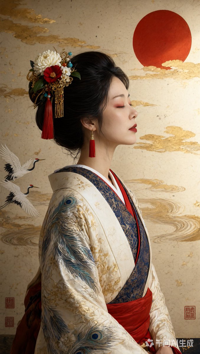 超精细肖像，美丽的日本女性，侧面朝右，头部后仰，双眼微闭，嘴唇微张，表情宁静安详。无瑕瓷器般肌肤，柔和红色眼影，深朱红唇彩，优雅纤长的脖颈。日本传统发型（Nihongami）盘髻，乌黑亮泽的发...