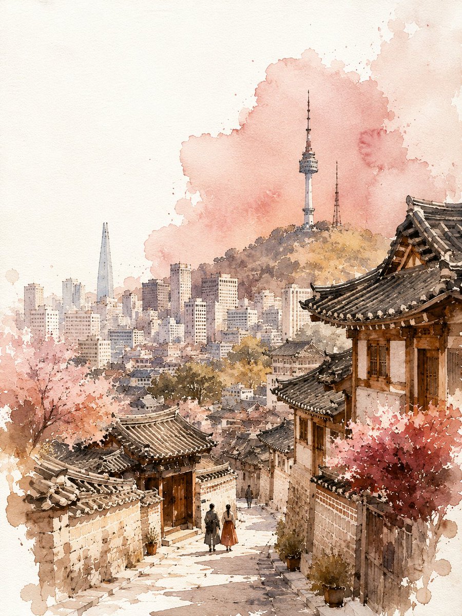 水彩与墨水旅行海报，关于 {CITY}，{COUNTRY}。竖版 3:4。 松散的手绘海报，已完成 — 不是未完成的草稿。 身份锁定 — 画得清晰并上色，绝不只留空线条： 选取 {CITY}...