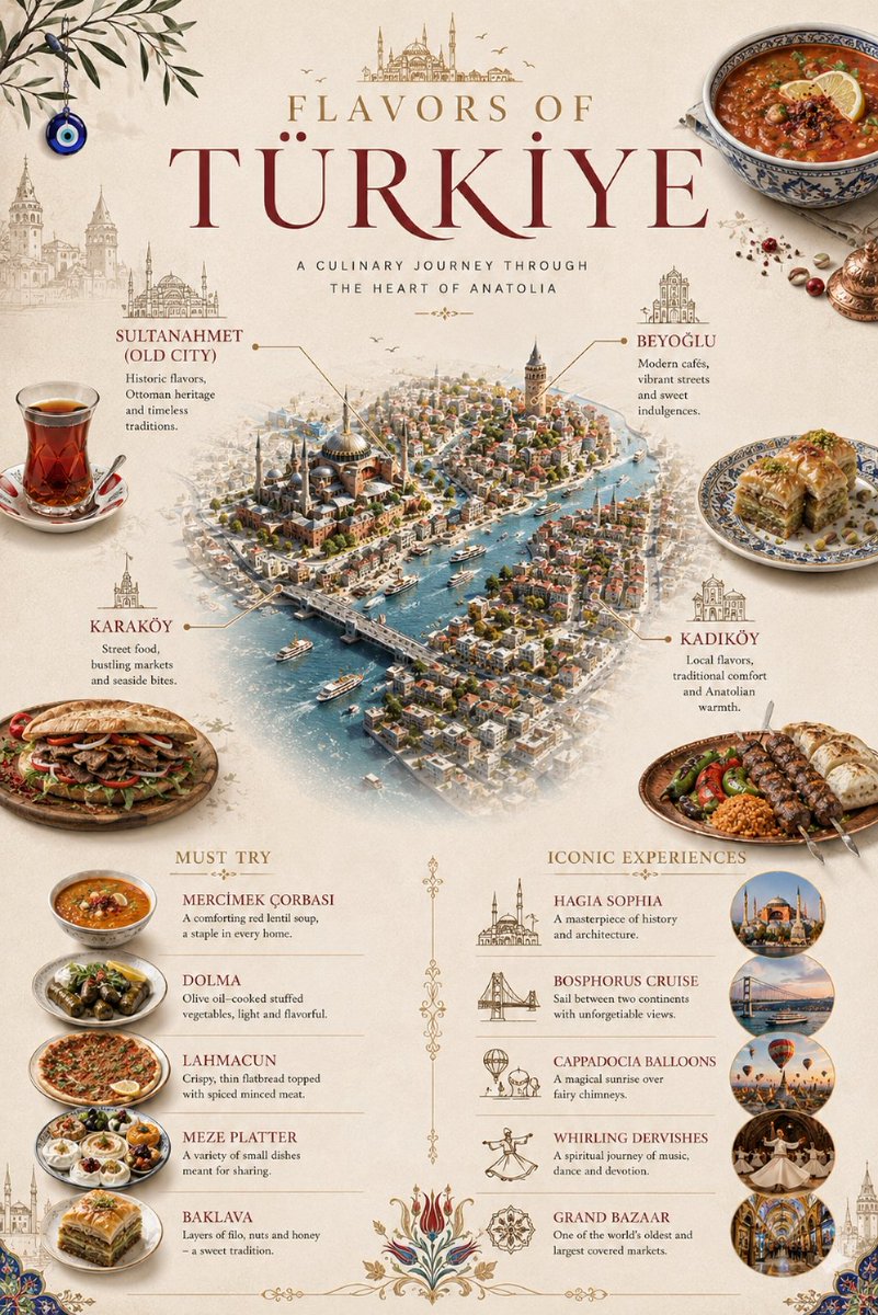 创作一款时尚、极简的高端美食旅行信息图，标题为“FLAVORS OF TÜRKİYE”（土耳其风味），副标题为“A CULINARY JOURN...