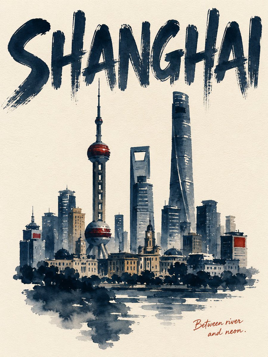 @创建图像 {CITY} — 大写的英文城市名称 {SUBJECT} — 一座地标建筑作为最高点,一座次要结构略低一层,其下一条中层建筑或地形带,底部以树丛或水面收尾——重叠为单一剪影,忽略真...